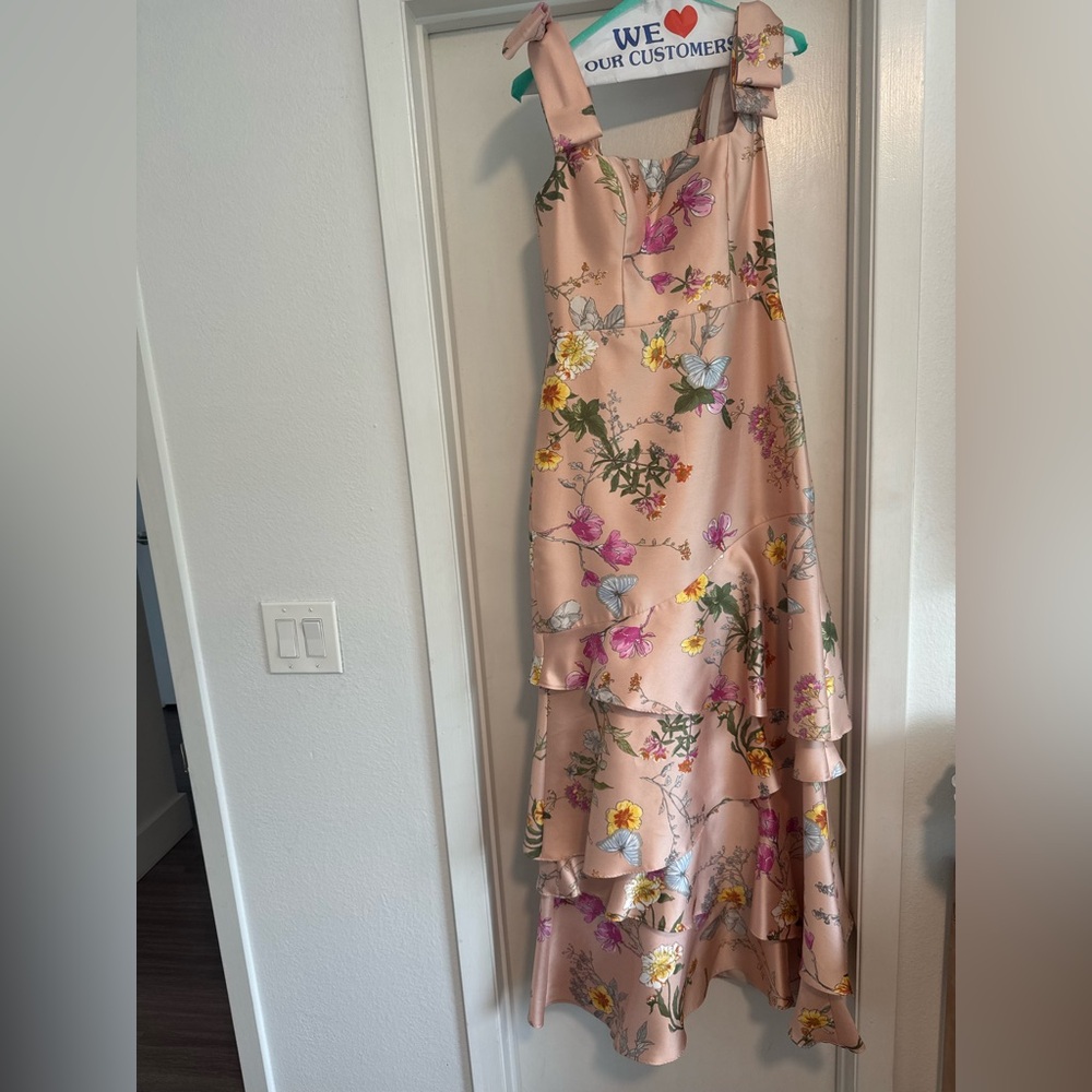 Dessy Group- Alfred Sung Floral Satin Dress in Butterfly Botanica Pink Sand